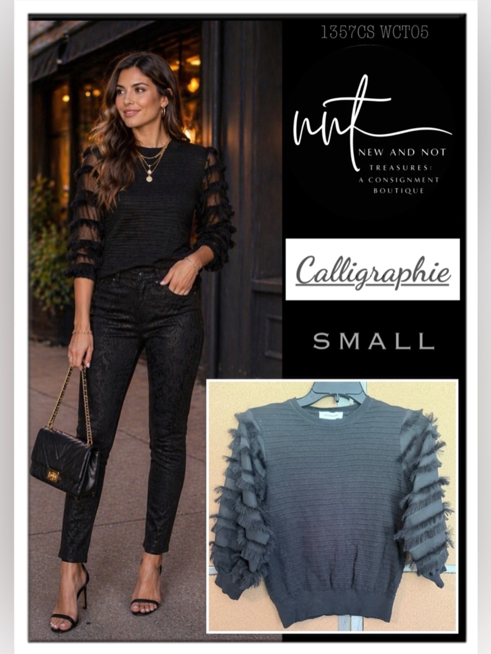 Anthropologie Calligraphie Black Fringe 3/4 Sheer Sleeve Ribbed Knit Top Small